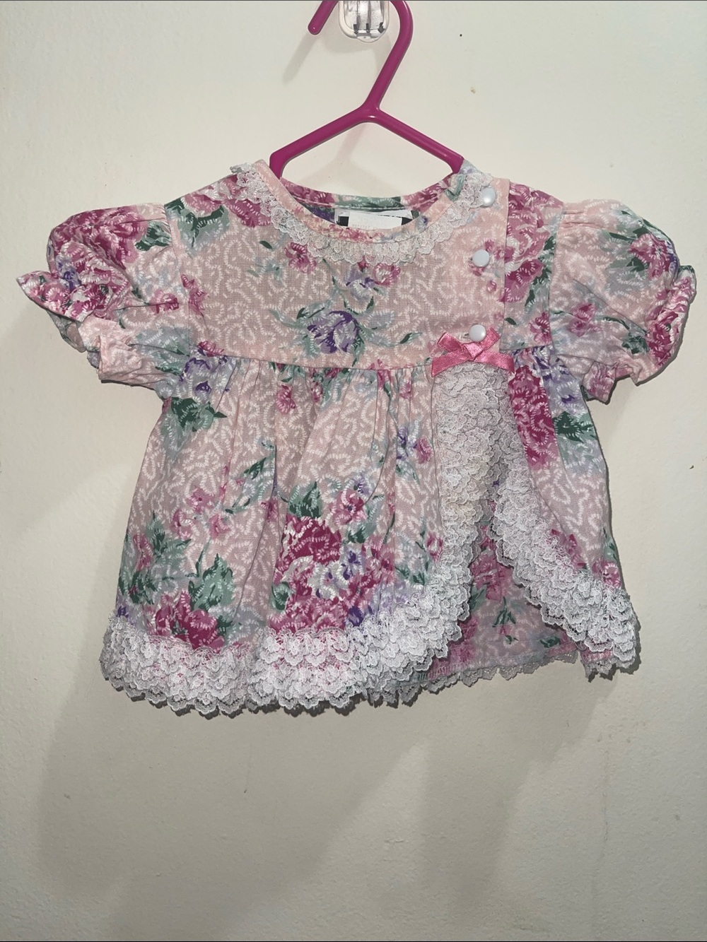 Vintage Jolene Pink Floral Lace-Trim Baby Dress Sz 0/6M